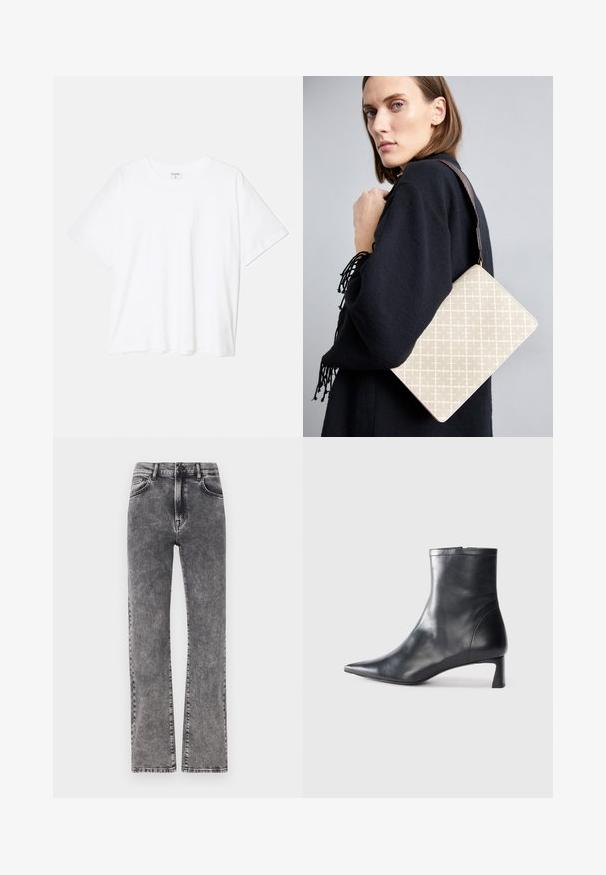 Bela bombažna majica s kratkimi rokavi, okroglim izrezom, sproščenim krojem in šivanim robom. Oznaka vidna na notranji strani izreza.; Sive traperice visokog struka s ravnim nogavicama, koje sadrže suptilne nabore i standardni dizajn s pet džepova.; Črne usnjene gležnjarje s šiljastim nosom in elegantnim dizajnom. Imajo nizko peto in zadrgo na zadnji strani. Gladka tekstura.; Bežna torba z vzorcem, strukturirane oblike, z rjavim teksturiranim pasom. Nosena na modelu ob sivi podlagi.