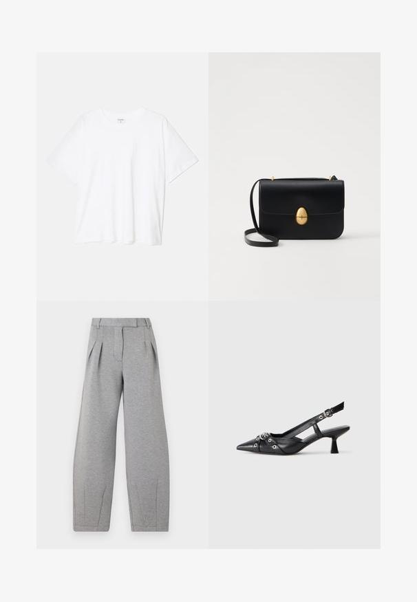 Balta kokvilnas T-krekls ar īsām piedurknēm, apaļu dekoltē, brīva piegriezuma un šūtu apakšmalu. Etiķete redzama iekšējā kakla daļā.; Pelēki, plašas bikses, izgatavotas no mīksta auduma, ar krokām priekšpusē, plakanu jostasvietu un taisnām šuvēm gar kājām.; Melnas ādas šlipsveida kurpes ar norādītu purngalu, dekoratīvām joslām ar metāla acīm un zemu bloku papēdi. Teksturēta virsma.; Melnas ādas rokassomu ar strukturētu taisnstūra formu. Iespējas zelta ovāla slēdzis un plāns plecu siksna. Gluda tekstūra.