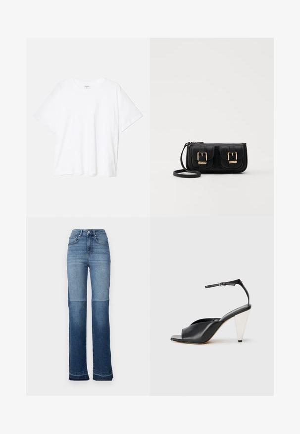 Valge puuvillane T-särk lühikeste varrukatega, ümmargune kaelus, mugav lõige ja õmmeldud serv. Silt nähtav kaela seest.; Korkea talje denim teksasedel, kus on valgust tumedasse sinisse üleminek, sirge jalgade disain ja kulunud hemid varrukatel.; Must mustril kõrge kontsaga sandaalid avatud varbaga, asümmeetrilise disainiga, pahkluukeevikuga ja metallilise koonusja kontsaga. Ühtlane tekstuur üle kogu.; Must küllastamata nahast õlakott, millel on kaks esist nähtavat taskut, kuldsed pandlad, tõmblukuga sulgemine ja peen rihm. Tekstuuriga pind ja kompaktne ristkülikukujuline kuju.