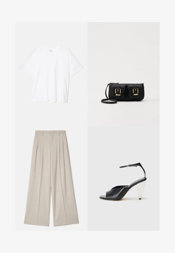 White cotton t-shirt with short sleeves, round neckline, relaxed fit, and stitched hem. Label visible on the inside neck.; Beige wide-leg trousers with a smooth texture, featuring front pleats, a flat waistband, and a tailored design for a loose fit.; Black leather high heel sandal with open toe, asymmetrical design, ankle strap, and a metallic cone-shaped heel. Smooth texture throughout.; Black leather crossbody bag with two front pockets, gold buckles, zipper closure, and a slim strap. Textured surface and compact rectangular shape.