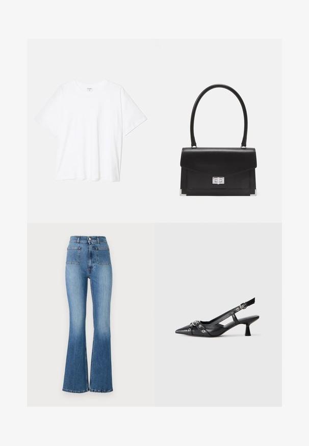 Valge puuvillane T-särk lühikeste varrukatega, ümmargune kaelus, mugav lõige ja õmmeldud serv. Silt nähtav kaela seest.; Laia sinise denimiga teksapüksid kõrge vöökoht, millel on kaks tagumist taskut ja pleekinud viimistlus. Alläär on õmmeldud peene mustriga.; Must must have must toote tõmblukuga, dekoratiivsed rihmad metallist silmadega ja madal blokk-kand. Tekstureeritud pind.; Mustmust mustkott mustmustu kujundusega, ülemise käepidemega ja hõbedase sulgemisega. Omab nurkades aktsente ja sujuvat tekstuuri.