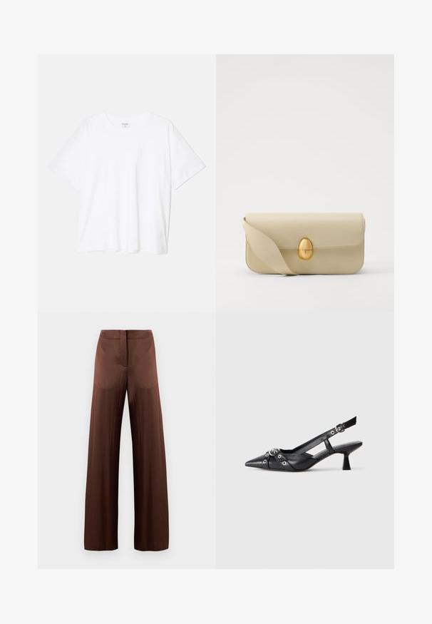 Balta kokvilnas T-krekls ar īsām piedurknēm, apaļu dekoltē, brīva piegriezuma un šūtu apakšmalu. Etiķete redzama iekšējā kakla daļā.; Brūni platleģi bikses, izgatavotas no gludas, vieglas auduma, ar plakanu fronti, bez kabatām un taisnu siluetu.; Melnas ādas šlipsveida kurpes ar norādītu purngalu, dekoratīvām joslām ar metāla acīm un zemu bloku papēdi. Teksturēta virsma.; Beige krēma ādas somiņa ar gludu tekstūru, taisnstūra formu un zelta ovālu aizdari. Aprīkota ar garu, regulējamu siksnu.