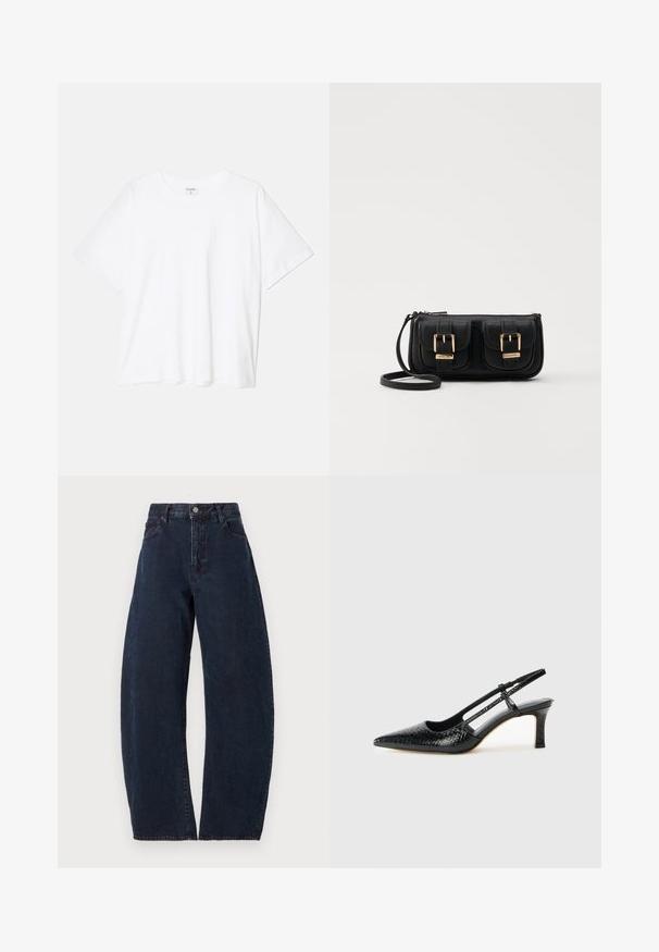 Balta kokvilnas T-krekls ar īsām piedurknēm, apaļu dekoltē, brīva piegriezuma un šūtu apakšmalu. Etiķete redzama iekšējā kakla daļā.; Augstām vidukļa, plašām kājām džinsi tumšzilā denimā. Ar pogu aizdari, piecām kabatām un smalku tekstūru. Nav redzamu rakstu vai akcentu.; Melna patent āda ar slīdošo papēdi un smailo purngalu, ar teksturētu čūsku drukājumu, regulējamu siksniņu un īsu teksturētu blokpapēdi.; Melnas ādas crossbody soma ar divām priekšējām kabatām, zelta sprādzēm, ar rāvējslēdzēju aizdari un šauru siksnu. Strukturēta virsma un kompakta taisnstūra forma.