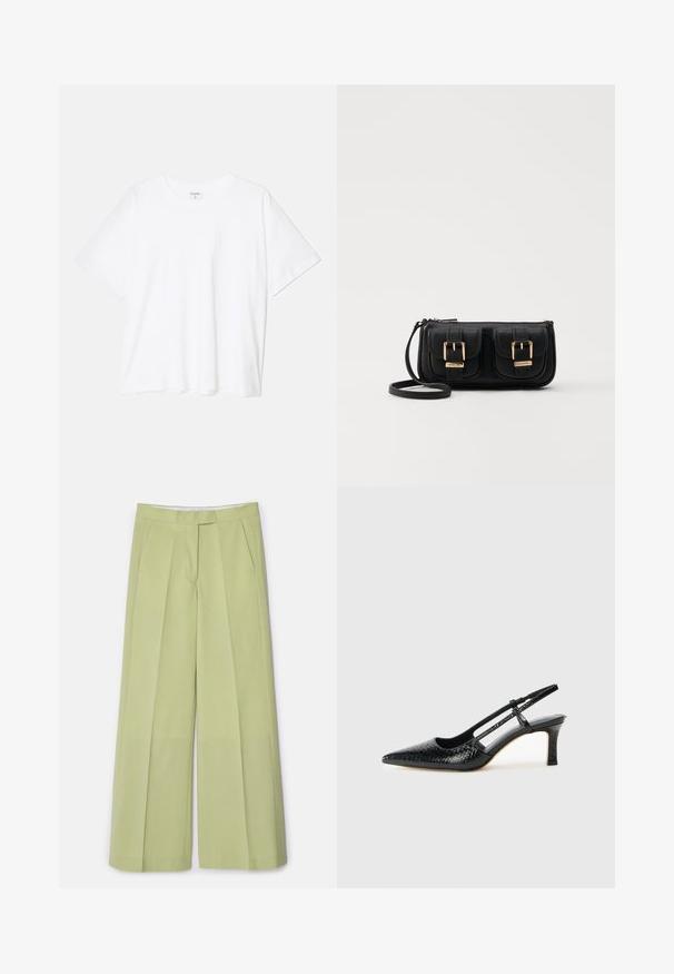 Hvit bomulls t-skjorte med korte ermer, rund hals, avslappet passform og sydd kant. Merke synlig på innsiden av halsen.; Lysegrøn vide ben bukser i et glat stof, med frontfolder, to sidelommer og lige snit.; Sorte patent slingback hæl med spids tå, featuring tekstureret slangeskind, justerbar rem og en kort, tekstureret blokhæl.; Svart skinn crossbody veske med to frontlommer, gyldne spenner, glidelåslukking og en slank stropp. Teksturert overflate og kompakt rektangulær form.