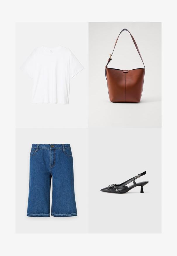 Witte katoenen t-shirt met korte mouwen, ronde halslijn, comfortabele pasvorm en gestikte zoom. Etiket zichtbaar aan de binnenzijde van de hals.; Blauwe denim shorts met een rechte snit, voorzien van een tailleband, vijf zakken en subtiele stiksels langs de naden.; Zwarte leren slingback schoen met een puntige neus, decoratieve banden met metalen oogjes en een lage blokhak. Textuur oppervlak.; Bruine leren schoudertas met een gebogen vorm, gladde textuur en een enkele dunne schouderband. Heeft een subtiele naad en een klein logo-detail.