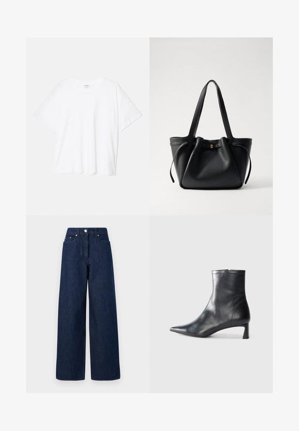 Bijela pamučna majica s kratkim rukavima, okruglim izrezom, opuštenim krojem i šivenim rubom. Etiketa je vidljiva na unutarnjoj strani vrata.; Hlače širokog kroja visokog struka tamnoplave boje s kopčanjem na gumbe, prednjim džepovima i petljama za remen na bijeloj pozadini.; Crne kožne gležnjače s uskim vrhom i elegantnim dizajnom. Imaju niski potpetak i zatvaranje na patentni zatvarač straga. Glatka tekstura.; Crna kožna torba za nošenje s dva dugačka remena, skupljenim vrhom i zlatnim okruglim detaljem. Glatka tekstura s minimalističkim dizajnom.