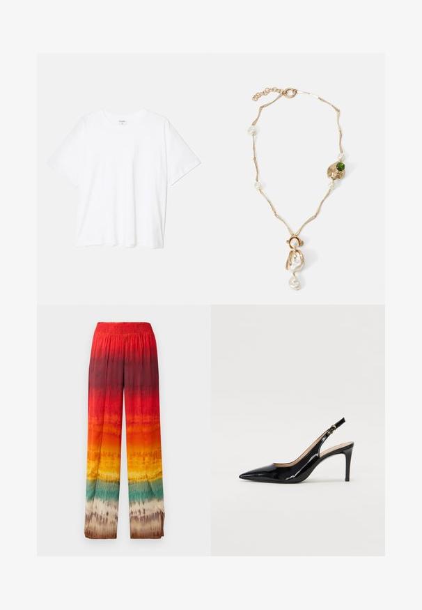Vit bomull t-shirt med kort ärm, rund halsringning, avslappnad passform och söm i nederkant. Etikett synlig på insidan av halsen.; Vide byxor med en gradientdesign i röd, orange, gul och grön. Tillverkade av ett mjukt, lätt material med elastisk midja.; Svart patenterat läder slingback pumps med spetsig tå, smal klack och en subtil utskärning. Har en guldbuckle på remmen.; Guldtonad halsband med vridna länkar, vita pärlor och en grön stens accent. Har intrikata detaljer och en lås för stängning.