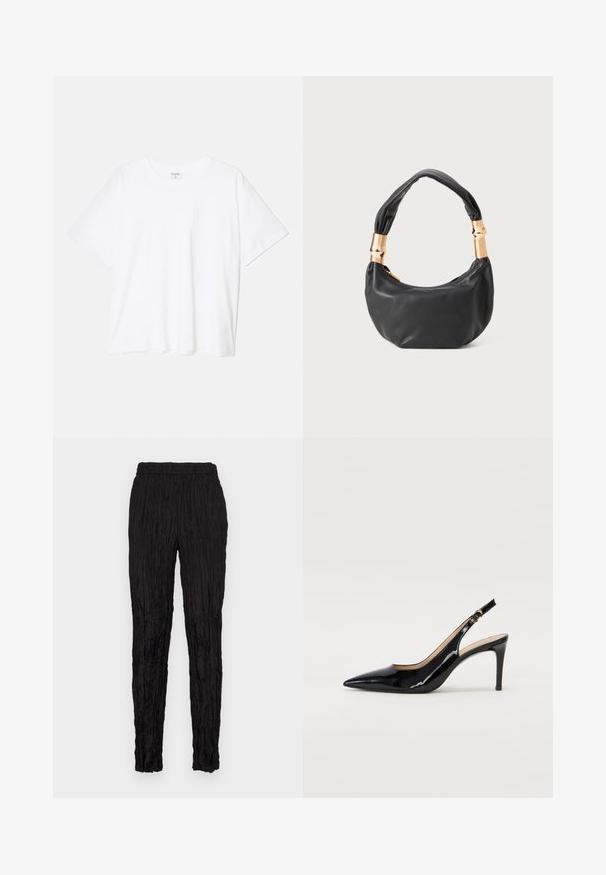 Valge puuvillane T-särk lühikeste varrukatega, ümmargune kaelus, mugav lõige ja õmmeldud serv. Silt nähtav kaela seest.; Mustad püksid, millel on kortsus tekstuur, elastne vöökoht ja kitsenev jalaosa. Pole nähtavaid taskuid ega eristuvaid aktsente.; Must hõbedavärvi patendiga slingback kontsakingad terava varbaga, kitsas konts ja peene lõikega disain. Statistika on kuldne pandla rihmal.; Must mustrepp nahkakott ümmarguse kujuga, pehme tekstuuriga ja sõlmiga käepidemega, millel on kuldse tooni aksessuaarid. Lukuga sulgemine.