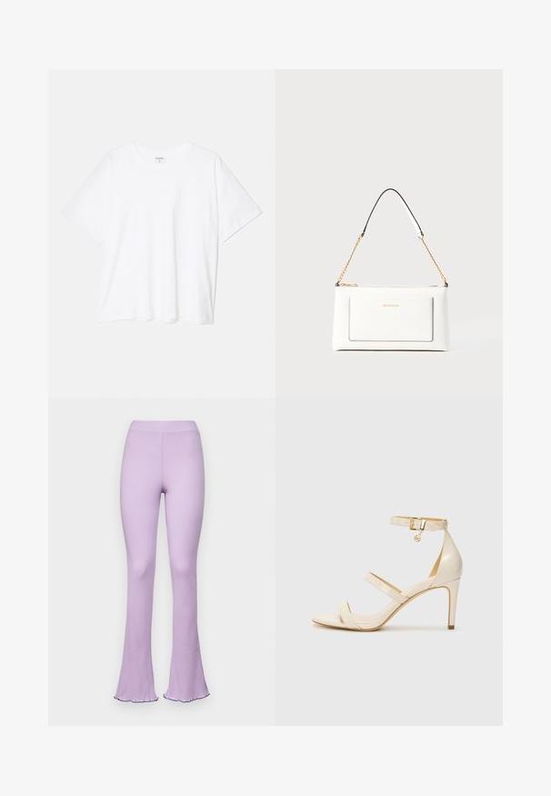 Bílý bavlněný tričko s krátkým rukávem, kulatým výstřihem, volným střihem a šitým lemem. Nálepka viditelná na vnitřní straně výstřihu.; Světle fialové pletené kalhoty s rozšířenými nohavicemi a elastickým pasem, s volánovými lemy. Měkká textury, přiléhavý střih a ležérní design.; Béžové sandály na vysokém podpatku s tenkým páskem přes kotník a dvěma horními pásky. Lesklý lakový povrch a zlaté detaily na pásku kolem kotníku.; Bílá kožená kabelka s texturovaným povrchem, zdobená zlatým řetízkem a černými akcenty. Obsahuje přední kapsu a uzavírání na zip.