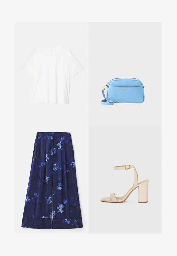 Bílý bavlněný tričko s krátkým rukávem, kulatým výstřihem, volným střihem a šitým lemem. Nálepka viditelná na vnitřní straně výstřihu.; Námořnická modrá sukně s květinovým potiskem, který zobrazuje modré a bílé květy. Materiál je hladký, s záhyby a širokým lemem.; Béžová sandál s vysokým podpatkem, čtveratou špičkou, tenkým kotníkovým páskem a blokovým podpatkem. Hladká kožená textura s detaily ve zlaté barvě.; Svetle modrá kožená crossbody taška se zlatými kovovými doplňky, zipovým uzávěrem a přední kapsou. Obsahuje nastavitelné ramenní popruh pro pohodlí.