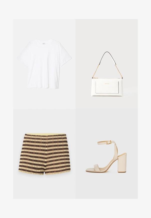Biely bavlnený tričko s krátkymi rukávmi, okrúhlym výstrihom, voľným strihom a prešitým lemom. Štítok viditeľný na vnútornom krku.; pletené šortky v béžovej farbe so hnedými a čiernymi pruhmi; majú rebrovanú textúru a elastický žltý pás.; Béžové sandále na vysokom opätku so štvorcovou špičkou, tenkým remienkom na členku a blokovým opätkom. Hladká kožená textúra s detailom zlatého spony.; Biele kožené kabelka s textúrovaným povrchom, ktorá má zlatý retiazkový popruh a čierne akcenty. Obsahuje prednú kapsu a zipsové zapínanie.