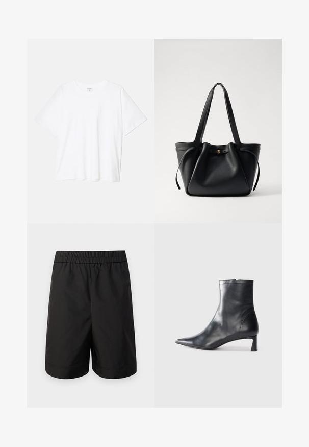 Bílý bavlněný tričko s krátkým rukávem, kulatým výstřihem, volným střihem a šitým lemem. Nálepka viditelná na vnitřní straně výstřihu.; Černé šortky vyrobené z lehkého materiálu, s elastickým pasem a jednoduchým, rovný střih. Žádné viditelné kapsy ani vzory.; Černé kožené kotníkové boty s špičatou špičkou a elegantním designem. Mají nízký podpatek a zipové zapínání na zadní straně. Hladká textura.; Černá kožená taška přes rameno s dvěma dlouhými popruhy, staženým vrškem a zlatým kruhovým akcentem. Hladký povrch s minimalistickým designem.