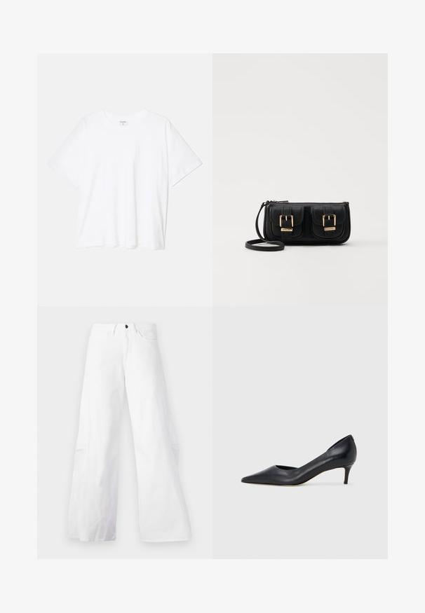 White cotton t-shirt with short sleeves, round neckline, relaxed fit, and stitched hem. Label visible on the inside neck.; White wide-leg denim pants with a five-pocket design. Features a black button and zip fly closure. Smooth texture, straight silhouette.; Black leather pump with a pointed toe and low heel. Features a smooth texture and subtle sheen. Open cut at the front for added detail.; Black leather crossbody bag with two front pockets, gold buckles, zipper closure, and a slim strap. Textured surface and compact rectangular shape.