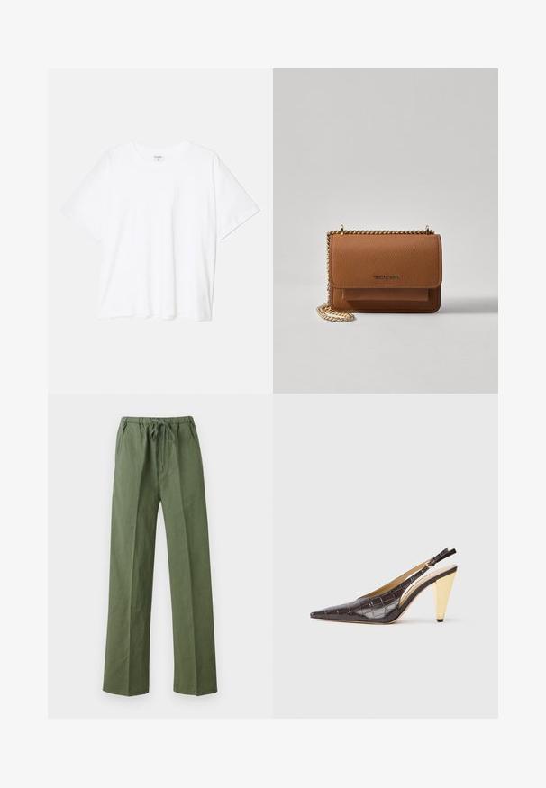 Fehér pamut póló rövid ujjal, kerek nyakkivágással, laza fazonnal és varrott szegéllyel. Címke látható a belső nyakrészén.; Zöld, laza szabású nadrág, könnyű anyagból készült, rugalmas derékkal, húzózsinórral és oldalzsebekkel.; Hegyes orrú slingback sarok sötétbarna, fényes mű krokodilbőrben. Aranyszínű geometrikus sarka és állítható bokapánt jellemzi.; Barna textúrájú bőr keresztbody táska arany lánc pánttal és fedélzárral. Az elején logó részlet és egy zseb található a fedél alatt.