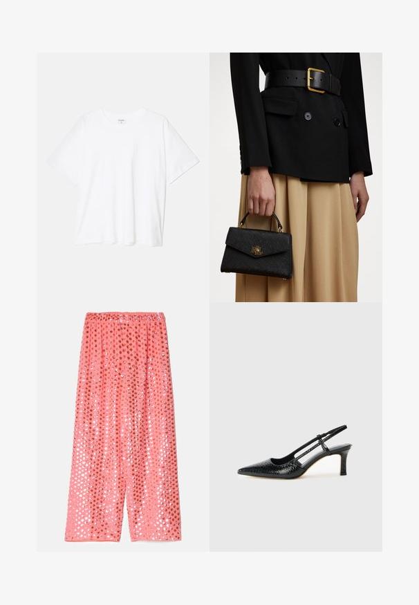 Vit bomull t-shirt med kort ärm, rund halsringning, avslappnad passform och söm i nederkant. Etikett synlig på insidan av halsen.; Rosa, vida byxor i lättviktsmaterial, prydda med glittrande paljetter i rosa och kopparmönster, med resårmidja.; Svart lackskin slingback-häl med spetsig tå, med texturerad ormskinnsprint, justerbar rem och en kort, texturerad blockklack.; Svart strukturerad handväska med texturerad yta, guldfärgad hårdvara och ett handtag på toppen. Bärs med en svart blazer och en beige kjol.
