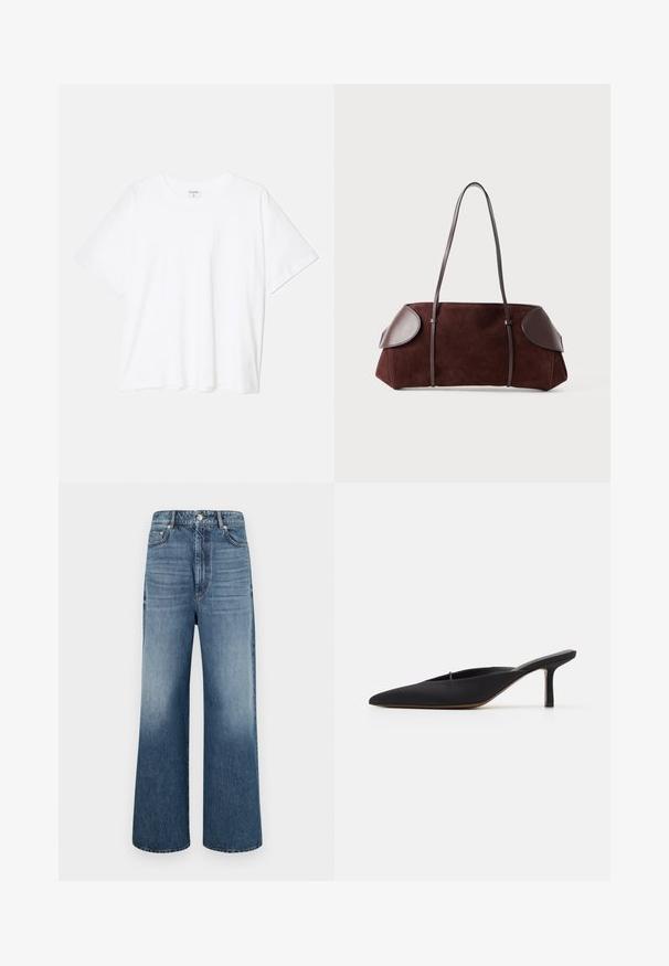 Bijela pamučna majica s kratkim rukavima, okruglim izrezom, opuštenim krojem i šivenim rubom. Etiketa je vidljiva na unutarnjoj strani vrata.; Široke traperice u svijetloplavoj boji. Imaju kopčanje na gumb, pet džepova i suptilno izblijeđivanje. Čist dizajn s ravnim krojem.; Crne mule s oštrom kojom, elegantnog dizajna, izrađene od glatke tkanine, s vitkim potpeticama i otvorenom stražnjom stranom za jednostavno obuvanje.; Smeđi luksuzni ručni rad s kožnim detaljima, strukturiranog oblika, s dvostrukim remenjem za rame i zaobljenim rubovima, s glatkom teksturom i minimalnim hardverom.