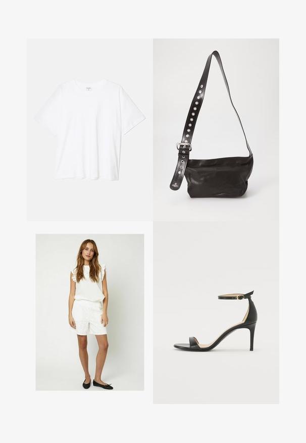 Hvid bomulds-t-shirt med korte ærmer, rund halsudskæring, afslappet pasform og stitched søm. Mærket er synligt indeni halsen.; Moves PENSI - Shorts - snow white; Sort læder højhælede sandaler med ankelrem. Har en glat tekstur, åben tå og en tynd hæl. Guldtonet spænde detalje.; Sort læder crossover taske med en struktureret overflade, der har et bredt justerbart rem udsmykket med sølvnitter og en metalspænde.
