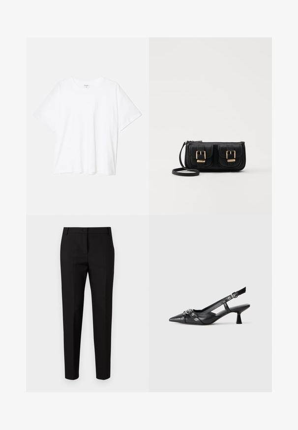 Balta medvilnės marškinėliai trumpomis rankovėmis, apvalia iškirpte, laisvo kirpimo ir su siūtu kraštu. Etiketė matoma vidinėje iškirptės pusėje.; MAX&Co. DISPLAY - Kelnės - schwarz; Juodas odinis slingback tipo batai su smailiu priekiniu atvartu, dekoratyvinėmis sagtimis su metaliniais akyčiais ir žemu blokiniu kulnu. Saldus paviršius.; Juodas odinis per petį nešiojamas krepšys su dviem priekiniais kišenėmis, auksiniais sagtimis, užtrauktuko uždarymu ir siauromis petnešomis. Textūruota paviršius ir kompaktiškas stačiakampis formatas.