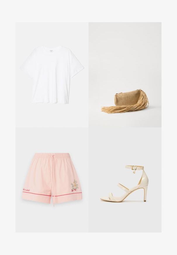 Λευκό βαμβακερό μπλουζάκι με κοντά μανίκια, στρογγυλή λαιμόκοψή, χαλαρή εφαρμογή και ραμμένο στρίφωμα. Ετικέτα ορατή στο εσωτερικό του λαιμού.; Ροζ βαμβακερές κοντές παντελόνες με ελαστική μέση, κόκκινες επενδύσεις και λουλουδάτα κεντήματα με φράουλες. Περιλαμβάνει κορδόνι για προσαρμογή.; Μπεζ ψηλοτάκουνα σανδάλια με λεπτό λουράκι στον αστράγαλο και δύο επάνω λουράκια. Λαμπερή πατενέ φινίρισμα και χρυσές λεπτομέρειες στο λουράκι του αστραγάλου.; Cult Gaia VIERA - Τσαντάκι - natural