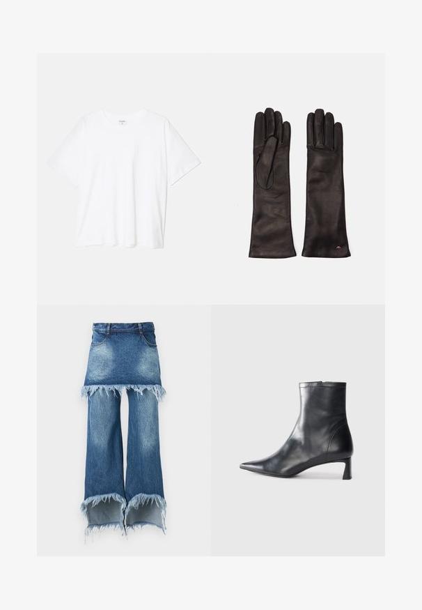 Balta kokvilnas T-krekls ar īsām piedurknēm, apaļu dekoltē, brīva piegriezuma un šūtu apakšmalu. Etiķete redzama iekšējā kakla daļā.; Denim svārku-bikšu hibrīds, gaiši zilā līdz tumši zilā krāsā, neapstrādāta mala ar sapīšņajiem galiem, piecas kabatas, standarta jostasvieta, plaša kāju siluets.; Melnas ādas potītes zābaki ar norādītu pirkstu un elegantu dizainu. Iezīmē zemu papēdi un rāvējslēdzēja aizdari aizmugurē. Gluda tekstūra.; Weekend Max Mara SENAPE - Cimdi - nero