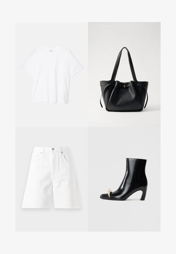Balta medvilnės marškinėliai trumpomis rankovėmis, apvalia iškirpte, laisvo kirpimo ir su siūtu kraštu. Etiketė matoma vidinėje iškirptės pusėje.; Balti džinsiniai šortai su aukštu liemeniu, penkių kišenių dizainu ir užtrauktuku. Yra vario atspalvio detalės ir laisvas siluetas.; Juodi aulinukai, pagaminti iš blizgios odos, su smailia nosimi ir dekoratyviu aukso bei sidabro akcentu priekyje. Bloko kulnas.; Juodas odinis rankinis krepšys su dviem ilgom diržais, surišamu viršumi ir auksiniu apvaliu akcentu. Lygus paviršius su minimalistiniu dizainu.