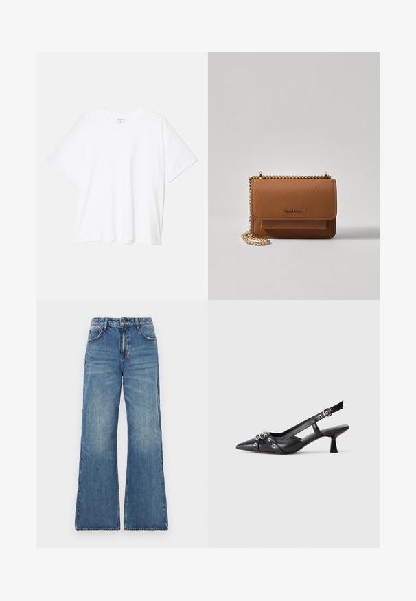 Tricou alb din bumbac, cu mâneci scurte, guler rotund, croi lejer și tiv cusut. Eticheta este vizibilă pe interiorul gulerului.; Jeans din denim albastru deschis, cu talie înaltă, picioare largi și evazate, și design clasic cu cinci buzunare. Textură estompată, cu detalii de cusătură vizibile.; Pantofii slingback din piele neagră, cu vârful ascuțit, curele decorative cu ochiuri din metal și toc bloc mic. Suprafață texturată.; Geantă crossbody din piele texturată maro, cu curea din lanț aurit și închidere cu clapetă. Partea din față prezintă detalii cu logo și o buzunar sub clapetă.