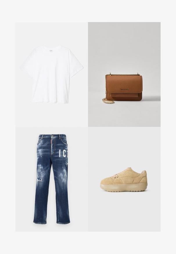 Biely bavlnený tričko s krátkymi rukávmi, okrúhlym výstrihom, voľným strihom a prešitým lemom. Štítok viditeľný na vnútornom krku.; Tmavomodré rifle z denimu s opotrebovanými miestami, svetlými škvrnami od farby a odvážnym bielym nápisom. Rovný strih s klasickým strihom.; Semišové tenisky vo svetlej béžovej farbe s textúrovaným povrchom, vypolstrovaným golierom, okrúhlou špičkou a hrubou gumovou podrážkou, s jemným logom.; Hnedá textúrovaná kožená taška cez telo s zlatým reťazovým popruhom a preklopným uzáverom. Predná strana obsahuje detail s logom a vrecko pod preklopkou.