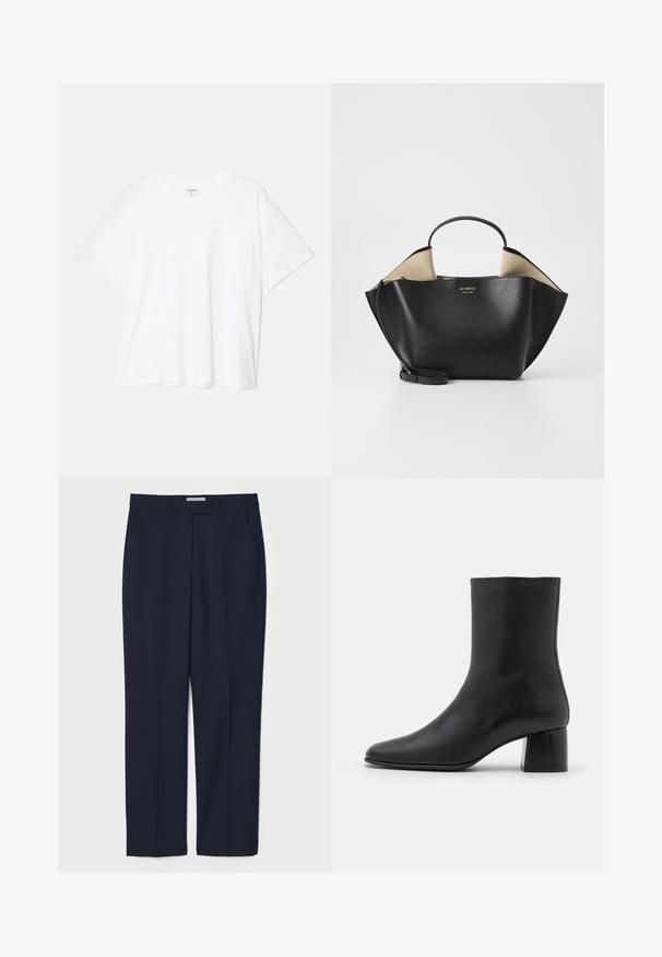 White cotton t-shirt with short sleeves, round neckline, relaxed fit, and stitched hem. Label visible on the inside neck.; Navy blue tailored trousers made from a smooth fabric, featuring a flat front, side pockets, and a structured waistband.; Black leather ankle boot with a pointed toe and a chunky square heel. Smooth texture with a seamless design and minimalistic stitching.; Ree Projects ANN TOTE MINI - Handbag - black
