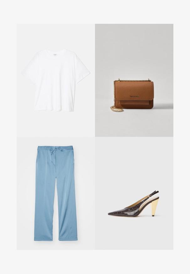 Bela bombažna majica s kratkimi rokavi, okroglim izrezom, sproščenim krojem in šivanim robom. Oznaka vidna na notranji strani izreza.; Svetlo modre hlače širokega kroja, narejene iz mehke tkanine. Imajo elastični pas z nastavljivo vrvico in stranske žepke.; Slingback peto s koničastim nosom, v temno rjavi sijoči umetni krokodilji usnjeni različici. Ima zlate geometrijske pete in nastavljiv ankel trak.; Rjava teksturirana usnjena torba čez ramo z zlatim verižnim trakom in zapiranjem na pokrov. Spredaj je vidna podrobnost logotipa in žep pod pokrovom.