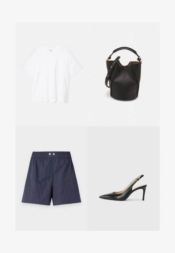 Bela bombažna majica s kratkimi rokavi, okroglim izrezom, sproščenim krojem in šivanim robom. Oznaka vidna na notranji strani izreza.; Temno modri kratki hlače z elastičnim pasom, ki imajo spredaj dve beli gumbki, izdelani so iz lahkotnega materiala.; Črne usnjene petke s slingback obliko, ostro konico, nastavljivim trakom in elegantnim stiletto peto, s gladko obdelavo.; Črna usnjena torba v obliki kante z teksturirano površino, z zlatimi kovinskimi detajli in odprtim vrhom. Ima kratek ročaj in prilagodljiv ramenski trak.