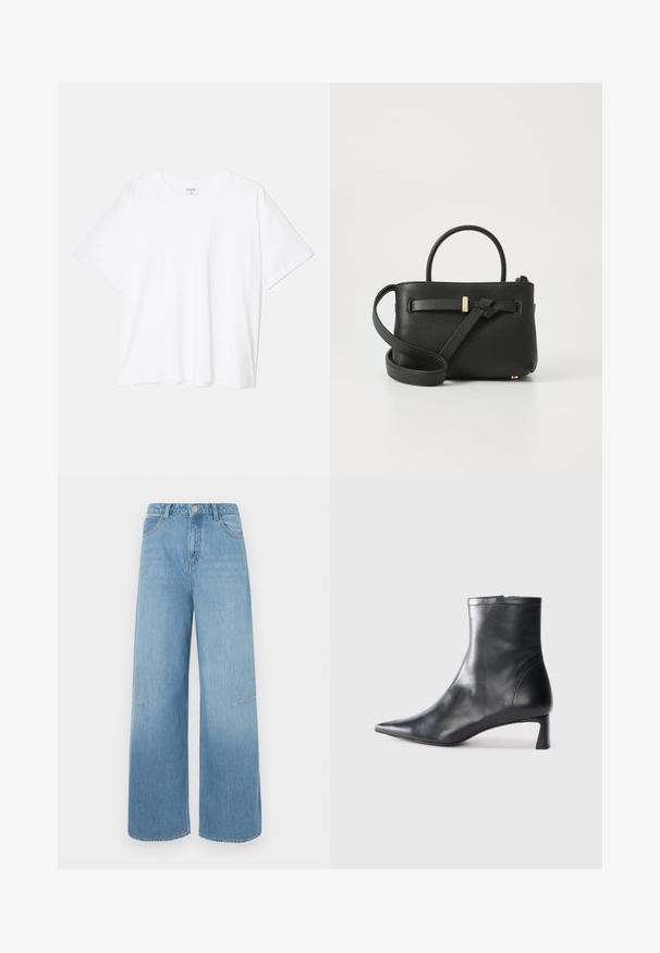 Balta kokvilnas T-krekls ar īsām piedurknēm, apaļu dekoltē, brīva piegriezuma un šūtu apakšmalu. Etiķete redzama iekšējā kakla daļā.; Gaiši zili plataji džinsi ar augstu jostasvietu, ar divām priekšējām kabatām, smalkiem šuvju detalizējumiem un brīvu piegriezumu.; Melnas ādas potītes zābaki ar norādītu pirkstu un elegantu dizainu. Iezīmē zemu papēdi un rāvējslēdzēja aizdari aizmugurē. Gluda tekstūra.; Melnas ādas rokas soma ar teksturētu virsmu, augšējām rokturiem un garu regulējamu siksniņu. Priekšpusē ir zeltaini akcenti.