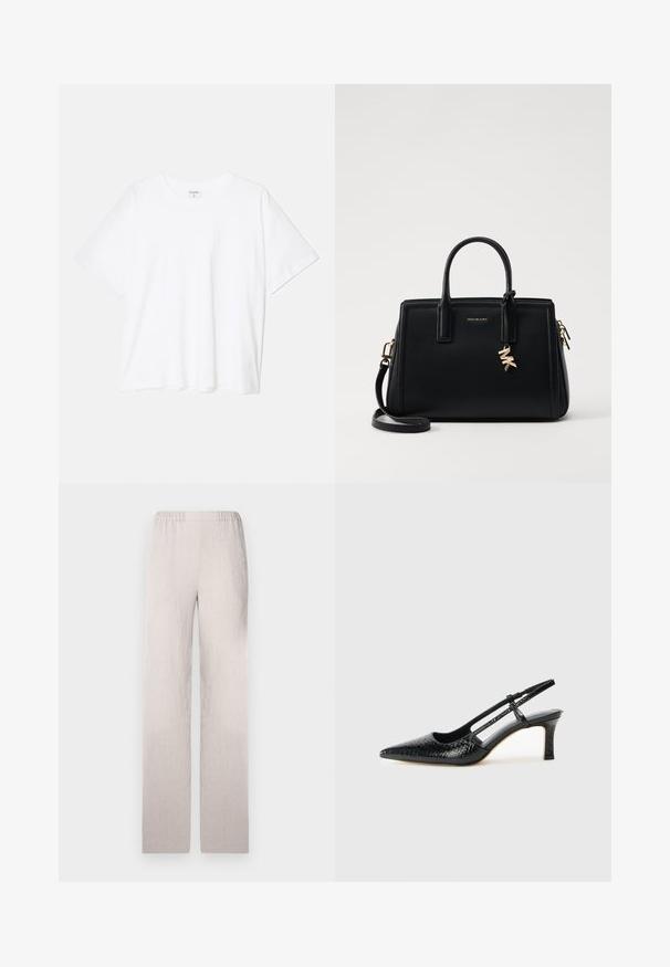 Balta kokvilnas T-krekls ar īsām piedurknēm, apaļu dekoltē, brīva piegriezuma un šūtu apakšmalu. Etiķete redzama iekšējā kakla daļā.; Gai beigā krāsā plaša kāju bikses, izgatavotas no teksturēta auduma, ar elastīgu jostu un gludu apdari. Pietuvināta, taisna silueta.; Melna patent āda ar slīdošo papēdi un smailo purngalu, ar teksturētu čūsku drukājumu, regulējamu siksniņu un īsu teksturētu blokpapēdi.; Melnas ādas rokas soma ar strukturētu dizainu, dubultiem augšējiem rokturiem, noņemamu plecu siksnu, zelta aparatūru un logo piekariņu akcentu.