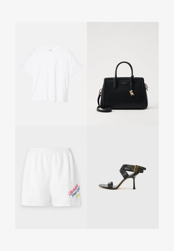 T-shirt bianco in cotone con maniche corte, scollo rotondo, vestibilità comoda e orlo cucito. Etichetta visibile all'interno del colletto.; Dsquared2 BAGGY - Shorts - white; Sandal nero con tacco a spillo, straps incrociati e fibbia regolabile. Presenta una texture liscia e un tacco affusolato.; Borsa a tracolla in pelle nera con design strutturato, manici superiori doppi, tracolla rimovibile, accessori in oro e charm con logo.
