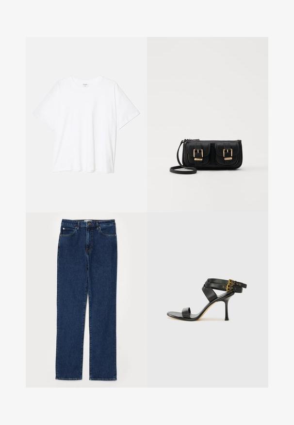 White cotton t-shirt with short sleeves, round neckline, relaxed fit, and stitched hem. Label visible on the inside neck.; Denim jeans in dark blue, straight-leg design, five-pocket style, with a sturdy waistband and visible stitching details.; Black heeled sandal with crossed straps and adjustable buckle. Features a smooth texture and tapered stiletto heel.; Black leather crossbody bag with two front pockets, gold buckles, zipper closure, and a slim strap. Textured surface and compact rectangular shape.