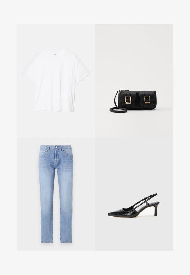 Hvit bomulls t-skjorte med korte ermer, rund hals, avslappet passform og sydd kant. Merke synlig på innsiden av halsen.; Lys blå denimjeans med rett passform, fem-lommers design og lys vask. Har knappelukking og standard beltehekter.; Sorte patent slingback hæl med spids tå, featuring tekstureret slangeskind, justerbar rem og en kort, tekstureret blokhæl.; Svart skinn crossbody veske med to frontlommer, gyldne spenner, glidelåslukking og en slank stropp. Teksturert overflate og kompakt rektangulær form.