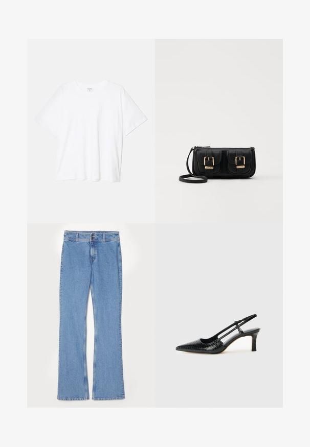 Tricou alb din bumbac, cu mâneci scurte, guler rotund, croi lejer și tiv cusut. Eticheta este vizibilă pe interiorul gulerului.; Jeans din denim albastru deschis, cu croi evazat, talie medie, închidere cu nasture și fermoar, buzunare frontale și un finisaj șters.; Pantofi cu toc slingback negri din patent, cu vârf ascuțit, cu imprimeu de șarpe texturat, curea ajustabilă și toc scurt texturat.; Geantă neagră din piele, tip crossbody, cu două buzunare frontale, catarame aurii, închidere cu fermoar și o curea subțire. Suprafață texturată și formă rectangulară compactă.