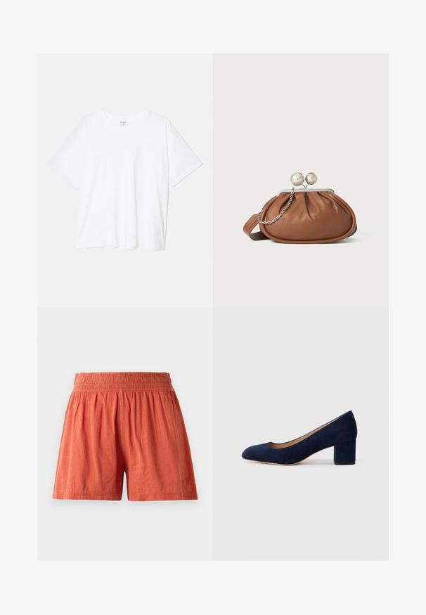 Balta kokvilnas T-krekls ar īsām piedurknēm, apaļu dekoltē, brīva piegriezuma un šūtu apakšmalu. Etiķete redzama iekšējā kakla daļā.; Terakota īsās bikses ar elastīgu jostasvietu, izgatavotas no strukturētas auduma, piemīt brīva fit un diskreta zīmola atzīme uz apakšmalas.; Tumši zili zamšādas kurpes ar norādītu degunu un vidēja augstuma blokveida papēdi. Gluda tekstūra ar smalku spīdumu un nelielu izgriezumu priekšā.; Brūna ādas clutch soma ar sudraba poga aizdari un nelielu sudraba ķēdes detaļu uz baltā fona.