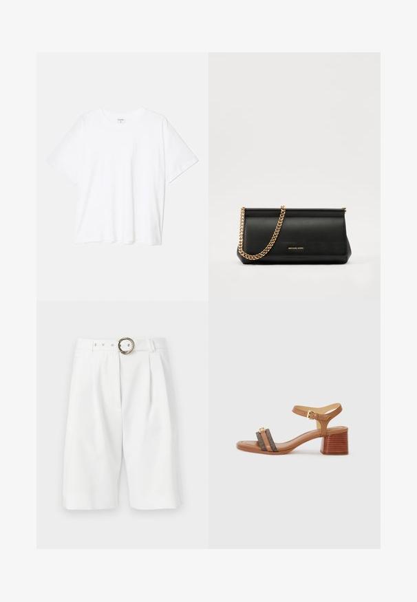 Hvit bomulls t-skjorte med korte ermer, rund hals, avslappet passform og sydd kant. Merke synlig på innsiden av halsen.; Hvite skreddersydde shorts med vid passform, med en beltespenne i metall med tau-mønster, folder og et rent design. Glatt tekstur.; Tan hæl sandal med firkantet tå, to mørkebrune remmer og en guldbuckle. Har en stablet blokhælhæl og glat lædertekstur.; Svart skinnkuvertveske med en gullkjede-rem, med en glatt tekstur, rektangulær form og preget merkevare på forsiden.