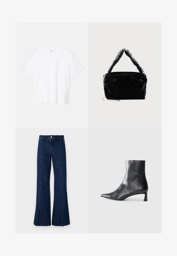 Fehér pamut póló rövid ujjal, kerek nyakkivágással, laza fazonnal és varrott szegéllyel. Címke látható a belső nyakrészén.; Sötétkék, széles szárú farmernadrág, magas derekú, szélen hasítékkal és klasszikus öt zsebes kivitelezéssel, fém gombos záródással.; Fekete bőr bokacsizma hegyes orral és letisztult dizájnnal. Alacsony sarka és hátsó cipzáras záródása van. Simának tűnő textúra.; Fekete műbőr kézitáska texturált felülettel, amelyen gyöngyökkel díszített ezüstszínű kiegészítő található a felső fogantyún, valamint láncos pánt.
