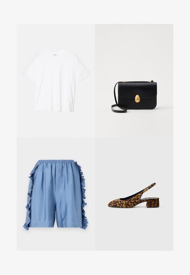 T-shirt bianco in cotone con maniche corte, scollo rotondo, vestibilità comoda e orlo cucito. Etichetta visibile all'interno del colletto.; Pantaloni corti di cotone azzurro chiaro con vita elastica, caratterizzati da dettagli a volant lungo le cuciture laterali e una vestibilità comoda.; Scarpa slingback da donna in stampa leopardata con tacco basso a blocco e fibbia dorata sul cinturino laterale, mostrata in profilo su sfondo semplice.; Borsa a tracolla in pelle nera con forma rettangolare strutturata. Presenta una chiusura ovale dorata e una sottile tracolla. Texture liscia.