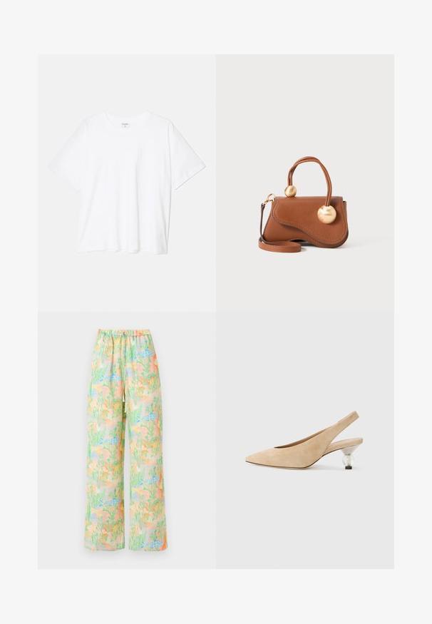 Bílý bavlněný tričko s krátkým rukávem, kulatým výstřihem, volným střihem a šitým lemem. Nálepka viditelná na vnitřní straně výstřihu.; Široké kalhoty z lehké látky s pastelovým vzorem ryb a rostlin. Elastický pas s detaily na stažení.; Béžová semišová slingback obuv s špičatou špičkou a průhledným, zakulaceným podpatkem. Hladká textura a minimalistický design.; Hnědá kožená kabelka s vlnitým designem, která má dva kruhové zlaté akcenty a odnímatelný ramenní popruh pro všestranné nošení.