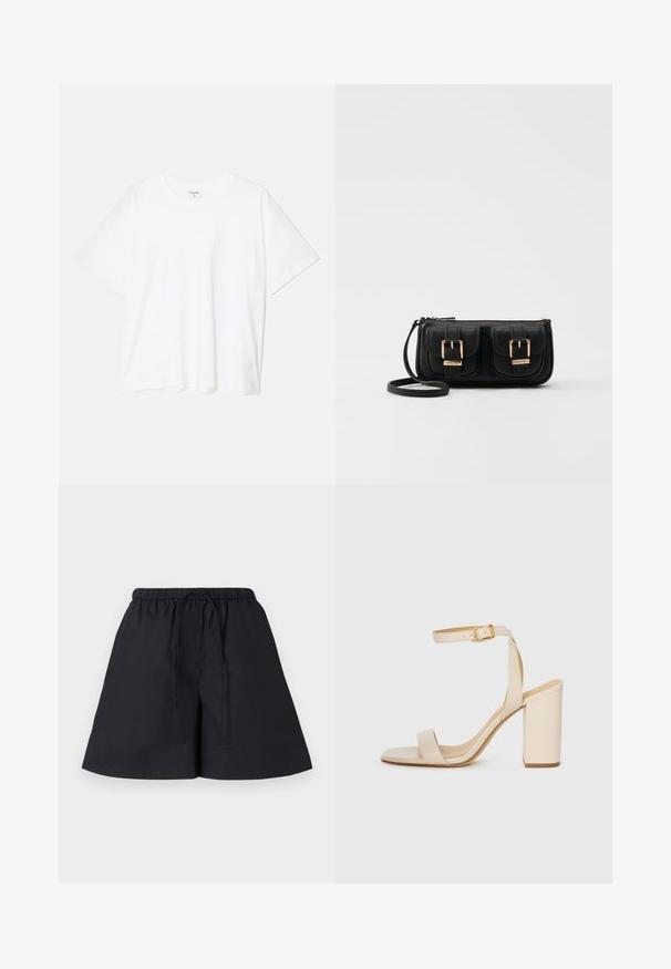 Hvit bomulls t-skjorte med korte ermer, rund hals, avslappet passform og sydd kant. Merke synlig på innsiden av halsen.; By Malene Birger FEION - Shorts - black; Beige høyhælte sandaler med firkantet tå, tynn ankelrem og blokk hæl. Glatt skinntekstur med gullspenne detaljer.; Svart skinn crossbody veske med to frontlommer, gyldne spenner, glidelåslukking og en slank stropp. Teksturert overflate og kompakt rektangulær form.