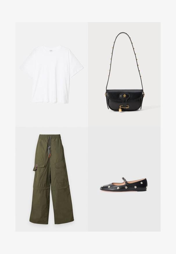 White cotton t-shirt with short sleeves, round neckline, relaxed fit, and stitched hem. Label visible on the inside neck.; Green wide-leg cargo pants made from lightweight material, featuring an elastic waistband, multiple pockets, and distinctive drawstring details.; Black leather Mary Jane flat shoe with a rounded toe, featuring silver circular studs and an adjustable strap with a buckle.; Black leather handbag with a structured design, featuring a gold logo, a padlock accent, and a chain-embellished shoulder strap.