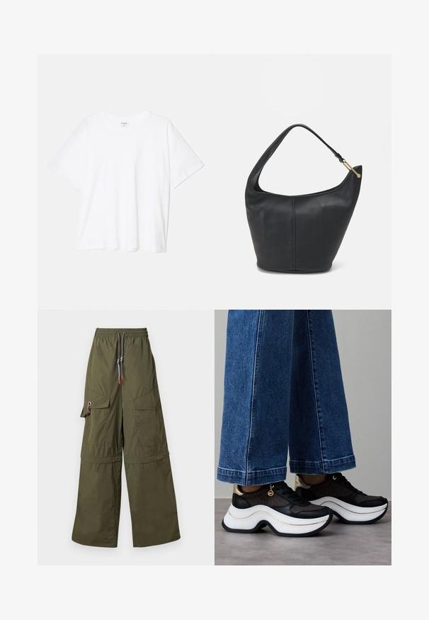 Witte katoenen t-shirt met korte mouwen, ronde halslijn, comfortabele pasvorm en gestikte zoom. Etiket zichtbaar aan de binnenzijde van de hals.; Groene wijde cargobroek gemaakt van lichtgewicht materiaal, met een elastische tailleband, meerdere zakken en opvallende trekkoorddetails.; Zwart-gouden sneakers met een gebogen witte zool. Gestructureerde stof met logodetails. Gecombineerd met brede blauwe spijkerbroek.; Zwarte leren handtas met een ronde vorm, een brede schouderriem en een gestructureerde afwerking. Bevat subtiele naaddetails en een gouden hardwareaccent.