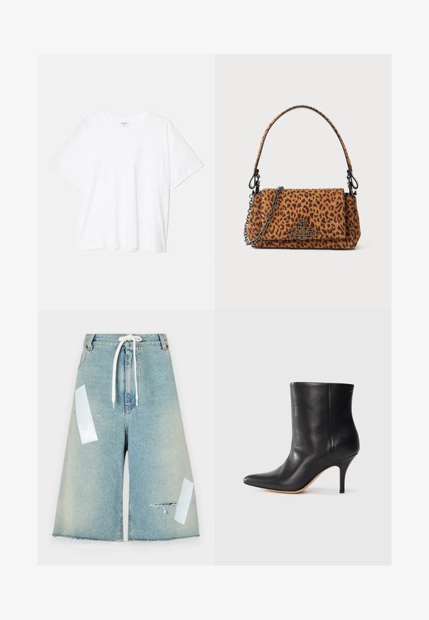 Balta kokvilnas T-krekls ar īsām piedurknēm, apaļu dekoltē, brīva piegriezuma un šūtu apakšmalu. Etiķete redzama iekšējā kakla daļā.; MM6 Maison Margiela Džinsa auduma šorti - light blue; Melnas ādas potītes zābaki ar norādītu pirkstu, šauru stiletto papēdi un gludu tekstūru. Minimalistiska dizaina, bez redzamām detaļām vai akcentiem.; Leoparda raksta roka somiņa, izgatavota no zamšādas, ar īsu rokturi, ķēdes siksnu un melnu metāla aizdari. Taisnstūra forma ar pārklājuma aizdari.