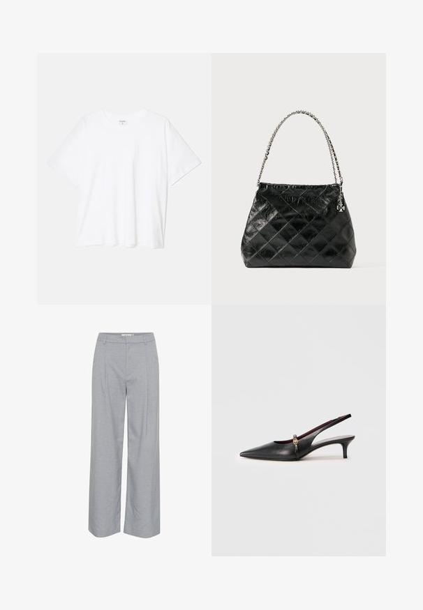 Biała bawełniana koszulka z krótkim rękawem, okrągłym dekoltem, luźnym krojem i przeszytym brzegiem. Metka widoczna wewnątrz dekoltu.; Jasnoszare, szerokie spodnie o gładkiej fakturze, z przodu plisami i płaskim pasem. Minimalistyczny design, bez widocznych elementów metalowych.; Czarne skórzane sandały na obcasie z wąskim noskiem, cienkim obcasem i złotym akcentem przy pasku na kostce. Gładka faktura i prosty design.; Czarna pikowana skórzana torebka na ramię z srebrnym łańcuszkiem, o usztywnionej konstrukcji i gładkiej fakturze.