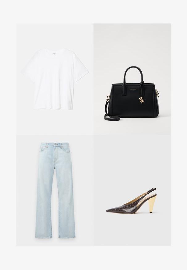 Bela bombažna majica s kratkimi rokavi, okroglim izrezom, sproščenim krojem in šivanim robom. Oznaka vidna na notranji strani izreza.; Svijetloplave traper bicikle s visokim strukom, širokim nogavicama i suptilnim izbljeđenjem. Imaju klasičan stil s pet džepova i tonirane šavove.; Slingback peto s koničastim nosom, v temno rjavi sijoči umetni krokodilji usnjeni različici. Ima zlate geometrijske pete in nastavljiv ankel trak.; Črna usnjena torbica s strukturirano zasnovo, dvema zgornjima ročajema, odstranjevanim naramnim trakom, zlatim okovjem in dodatkom z logotipom.