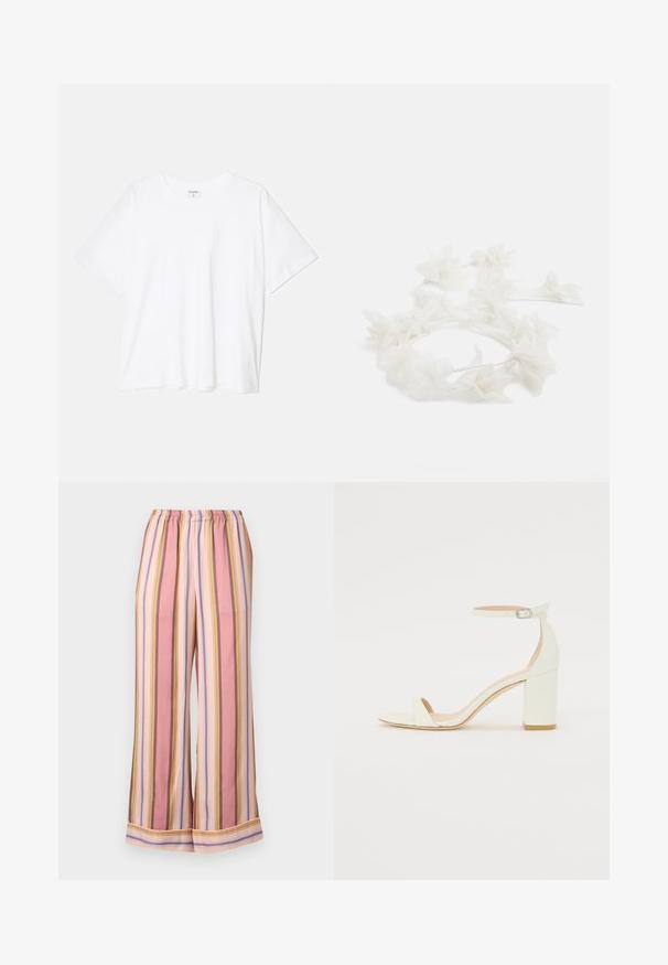 White cotton t-shirt with short sleeves, round neckline, relaxed fit, and stitched hem. Label visible on the inside neck.; Striped pajama pants featuring an elastic waistband, wide legs, and alternating pink, lavender, and yellow stripes with a smooth texture.; White leather block-heel sandal featuring an ankle strap with a buckle and minimalist design. Open toe and smooth textures throughout.; Floral headband made of white petals with a thin, flexible band. Petals are soft and lightweight, creating a delicate, layered appearance.