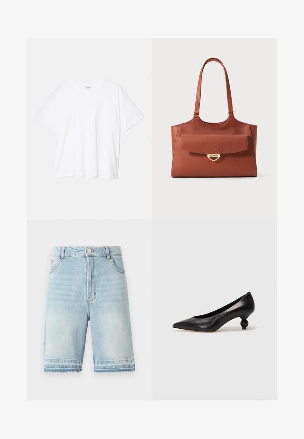 Balta medvilnės marškinėliai trumpomis rankovėmis, apvalia iškirpte, laisvo kirpimo ir su siūtu kraštu. Etiketė matoma vidinėje iškirptės pusėje.; Šviesiai mėlyni džinsiniai šortai su nuplyšusiu kraštu, penkių kišenių dizainu ir standartiniu liemeniu su mygtuko uždarymu. Subtiliai išblukę visame paviršiuje.; Juoda odinė aukštakulnė bateliai su smailiu pirštu ir apvaliu, iškiliu kulnu. Lygus paviršius su elegantišku, minimalistiniu dizainu.; Ruda odinė perkeliamąja kuprinė su ilgomis rankenomis, priekinė kišenė su dangteliu ir auksinė širdeles formos užsegimo sagtis, gravezuota "Love Moschino".