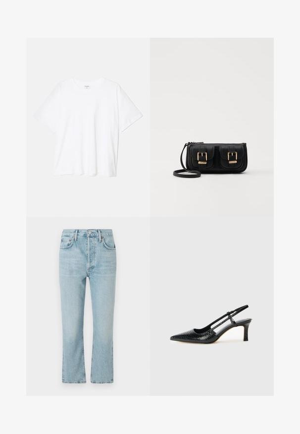 Camiseta de algodón blanca con mangas cortas, escote redondo, corte relajado y dobladillo cosido. Etiqueta visible en el interior del cuello.; Jeans de denim azul claro con un diseño de pierna recta, que cuentan con cinco bolsillos, cierre de botón y textura descolorida. Los bordes están limpiamente rematados.; Tacón slingback negro de charol con punta afilada, que presenta un estampado de serpiente texturizado, correa ajustable y un tacón bloque corto y texturizado.; Bolso cruzado de cuero negro con dos bolsillos frontales, hebillas doradas, cierre de cremallera y una correa delgada. Superficie texturizada y forma rectangular compacta.
